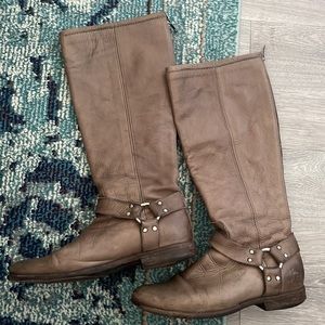 Light brown/gray Frye tall leather riding boots with buckle and zipper
